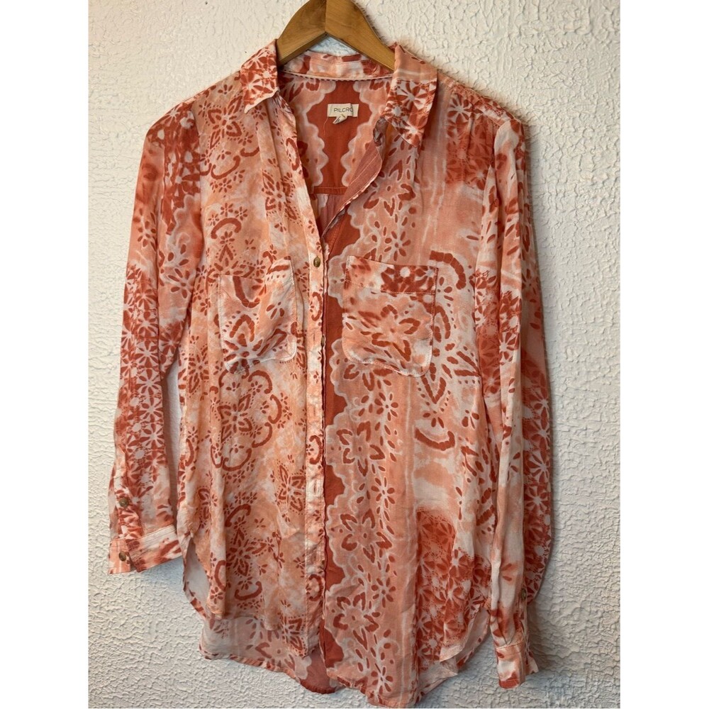 Pilcro Coral and White Floral-Print Button-Down Shirt